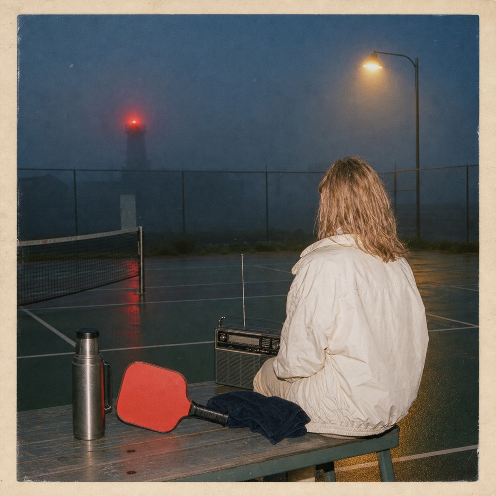 Woman in a cream windbreaker seated by a radio, red paddle and thermos on a foggy predawn court.